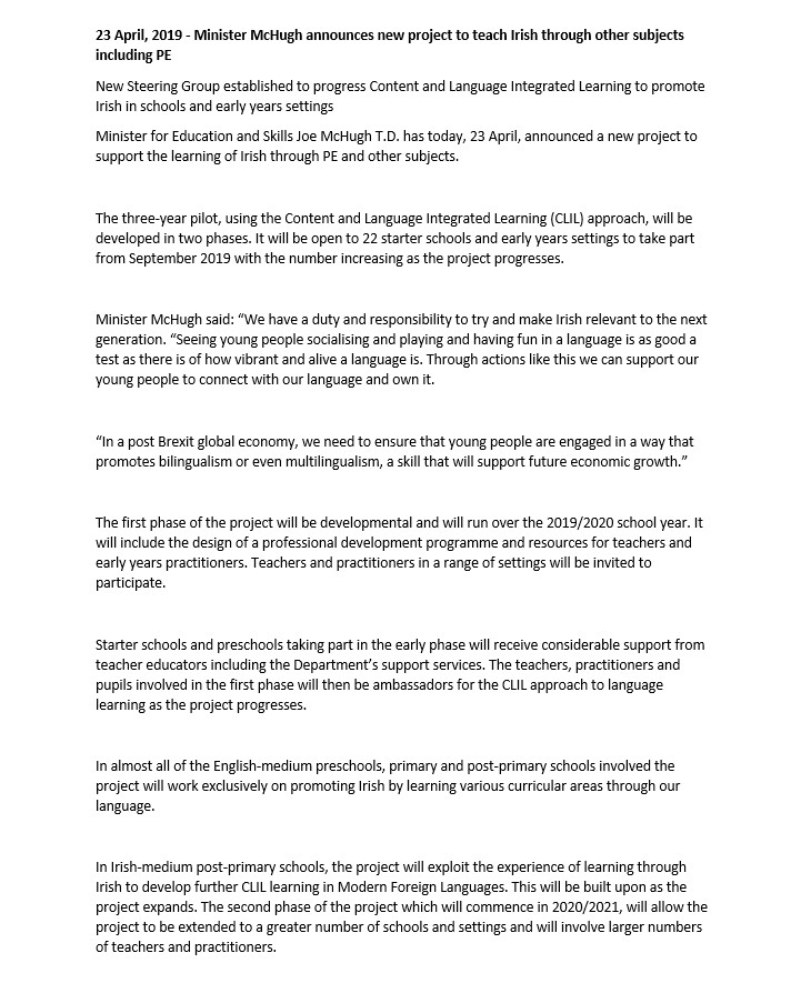 CLIL Press Release 23 April 2019