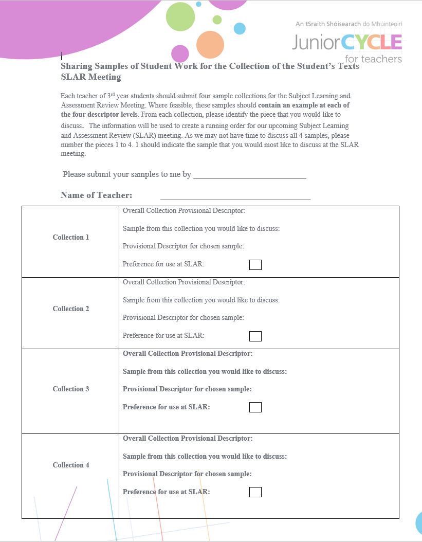 Facilitator Templates for the Collection of the Student’s Texts SLAR Meeting