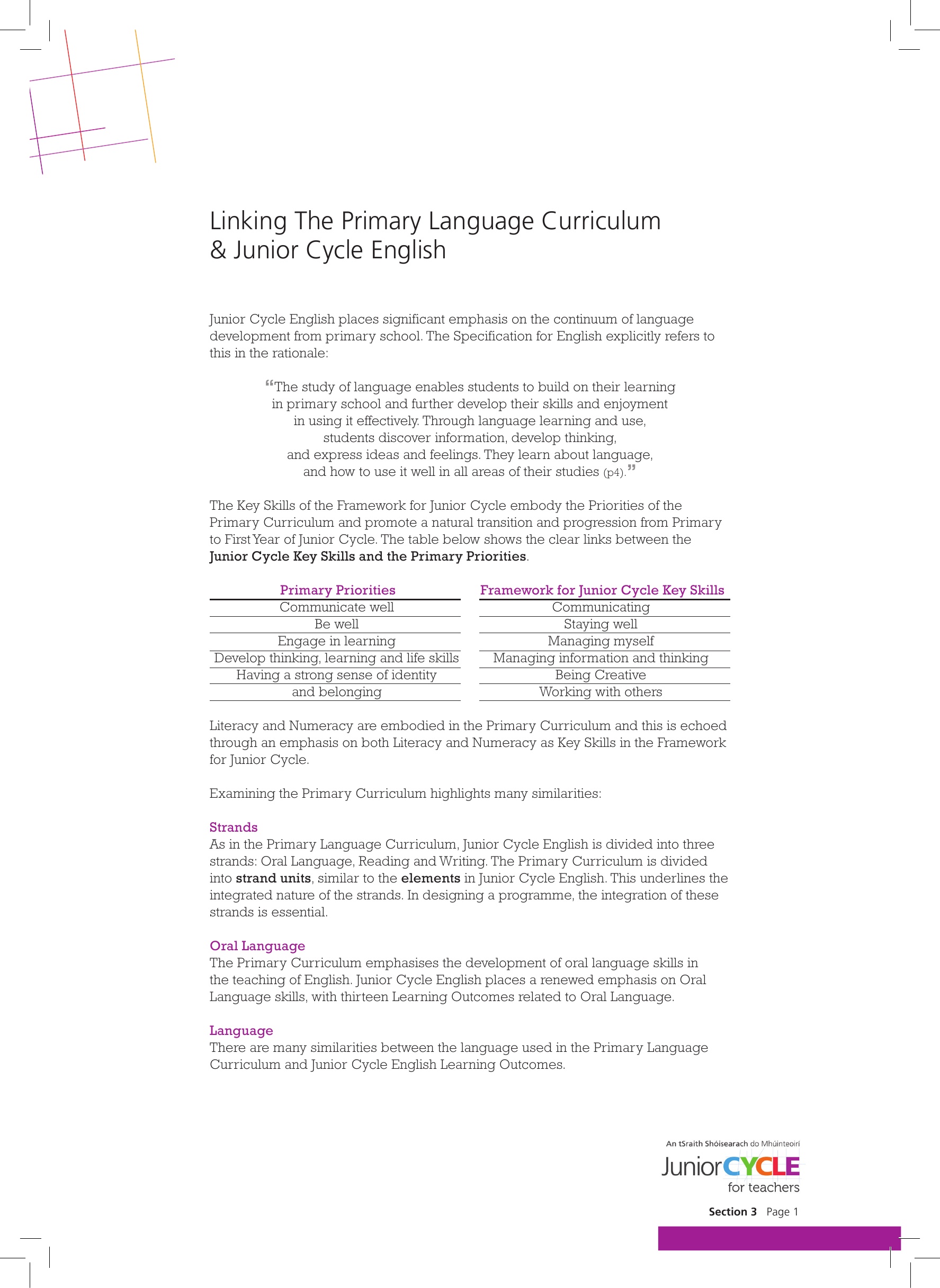 Section 3: Transition from Primary to Post-Primary