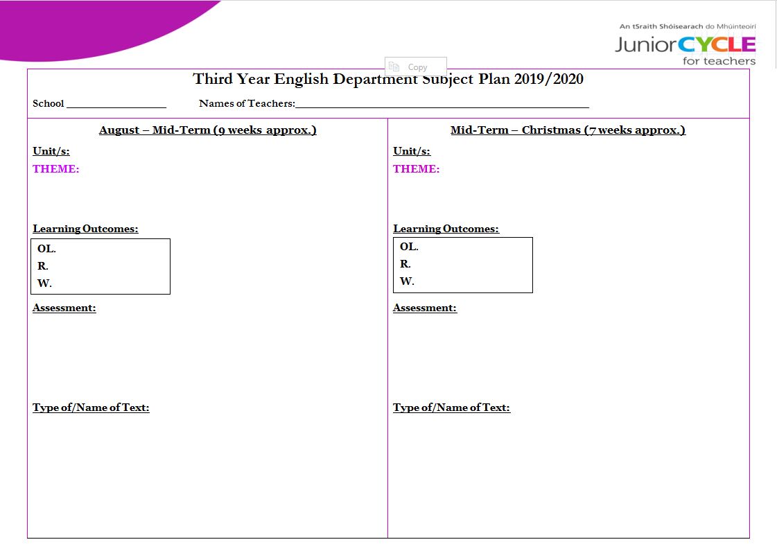 Subject Department Plan Template for Third Year