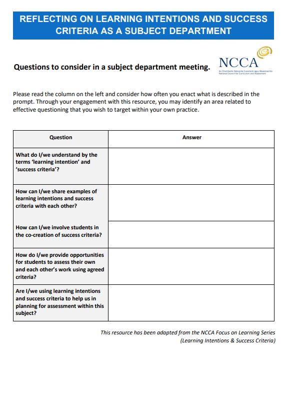 Reflecting on Learning Intentions and Success Criteria as a Subject Department