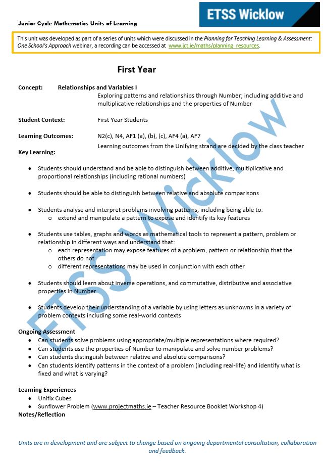 Relationships and Variables Unit of Learning 1 of 6 PDF