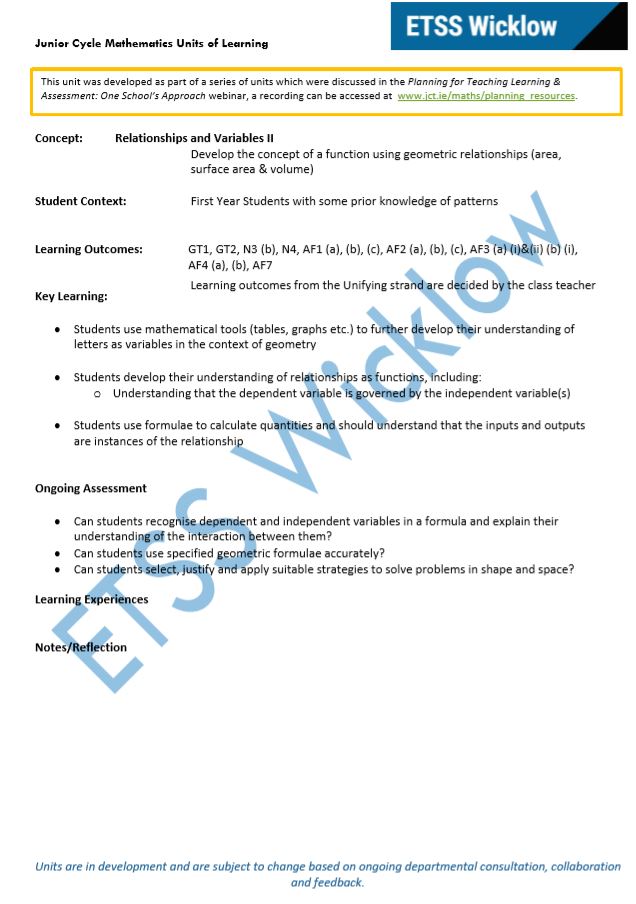 Relationships and Variables Unit of Learning 2 of 6