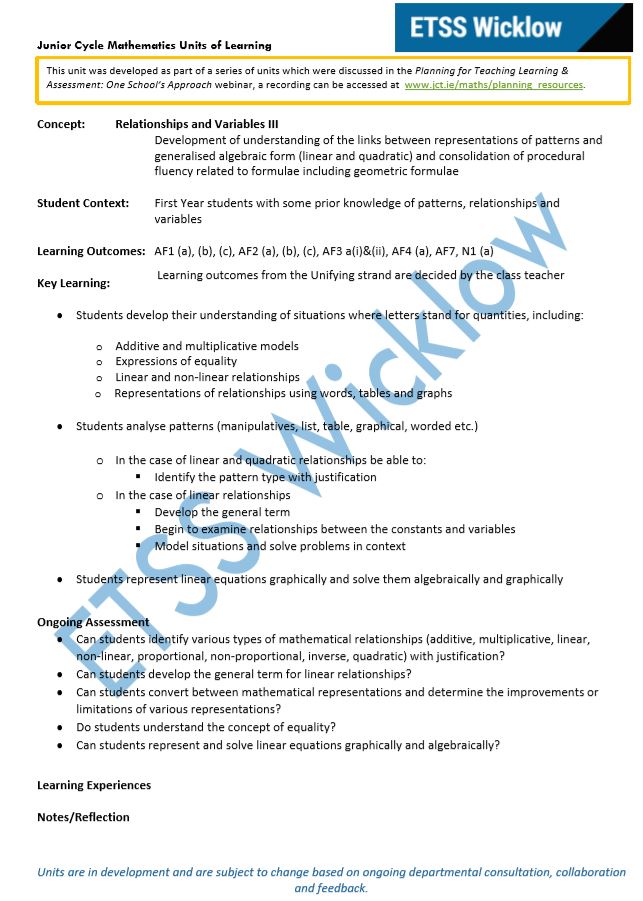 Relationships and Variables Unit of Learning 3 of 6