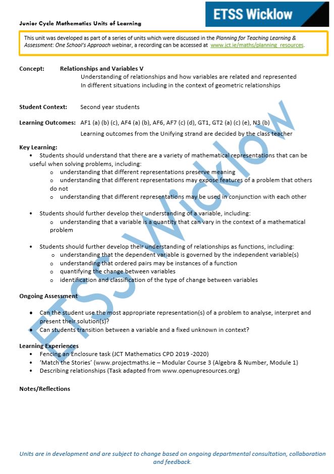 Relationships and Variables Unit of Learning 5 of 6