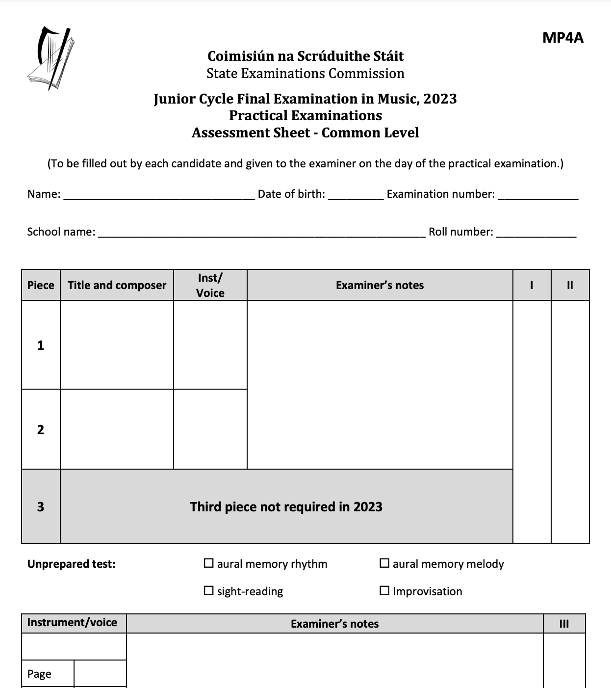 Music Practical Examinations 2023: MP4A