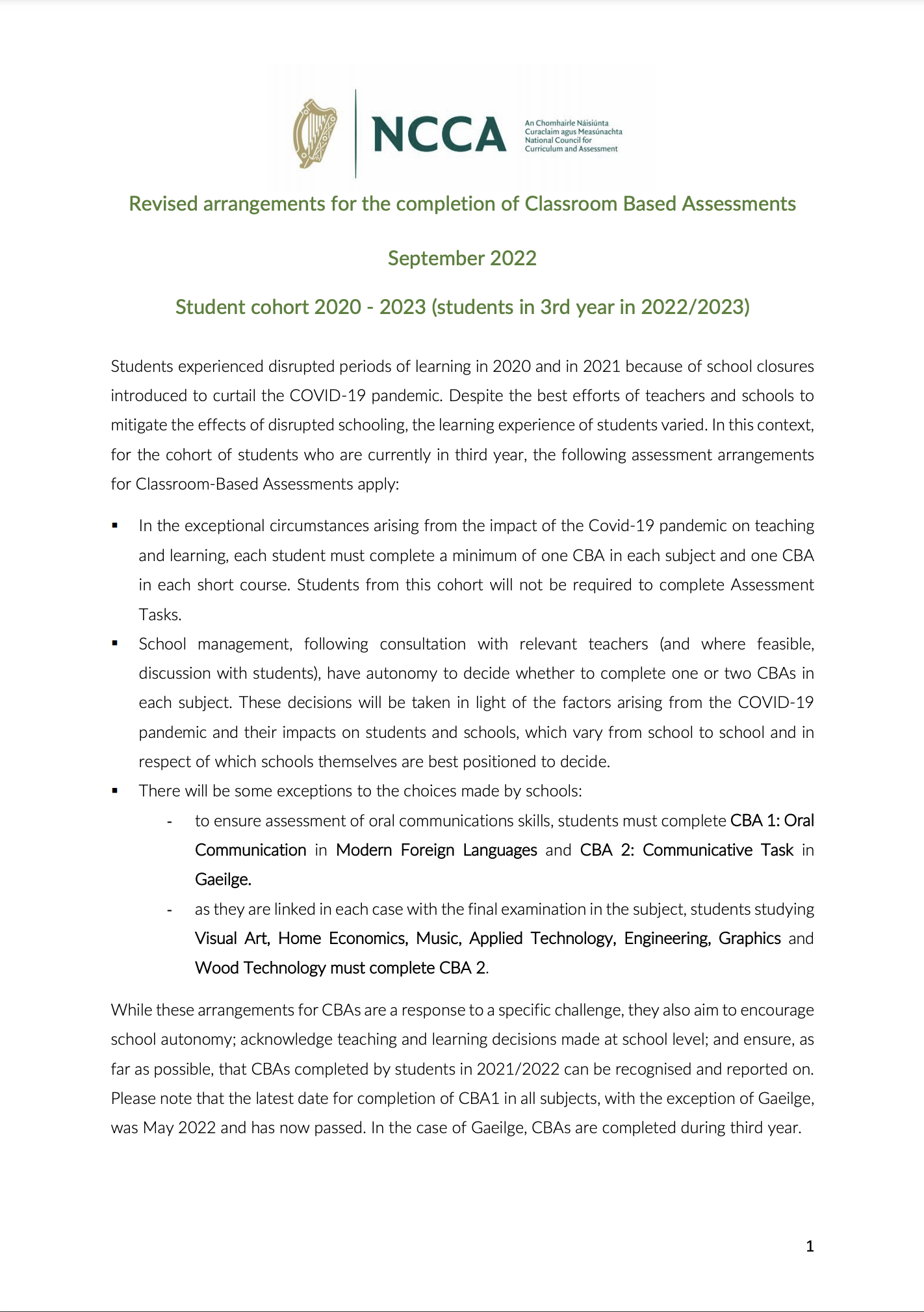 Revised arrangements for the completion of Classroom Based Assessments  2020 - 2023