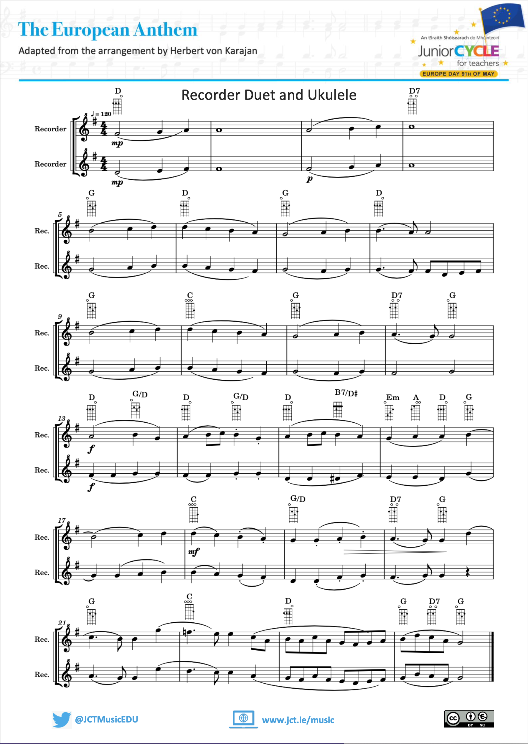 The European Anthem for Recorder and Ukulele