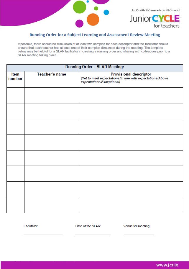 Running Order for a Subject Learning and Assessment Review Meeting