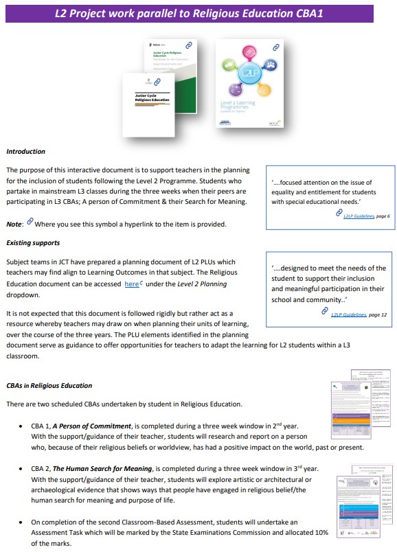 L2LP Project Work Parallel to Religious Education CBA1