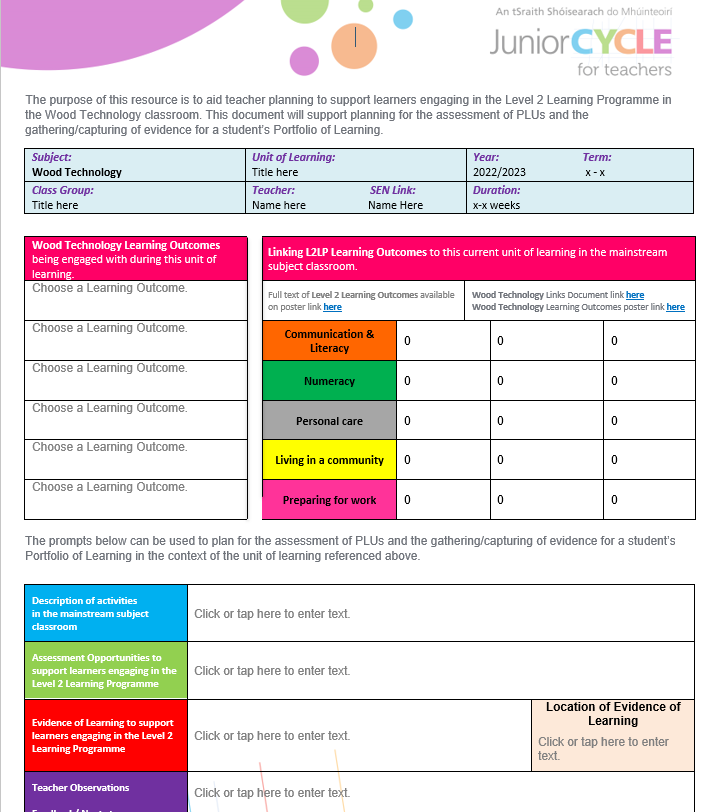 Wood Technology L2LPs Subject Planning